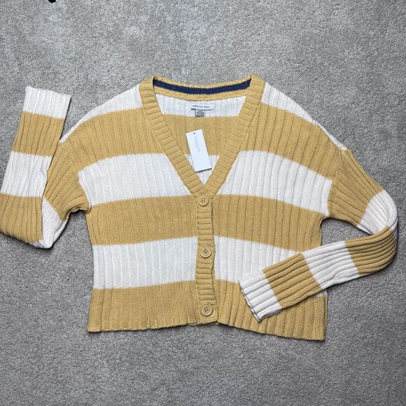 NWT American Eagle Yellow Striped Cardigan Sweater Womens XS Crop Y2K Preppy NEW - Picture 3 of 9